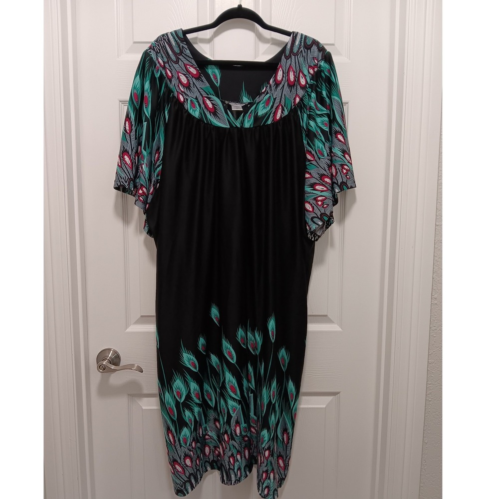 Anthony Richards Womens 5X Black Teal Peacock Feather Muu Muu Dress with Pockets